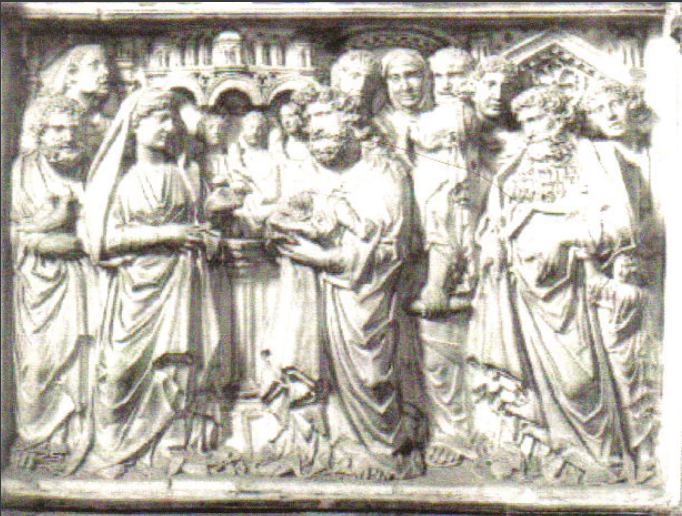 A crowd of people surround Mary, Joseph, and Simeon against a backdrop of architecture on top of all the figures.  Simeon holds the Christ child to announce him as Savior.